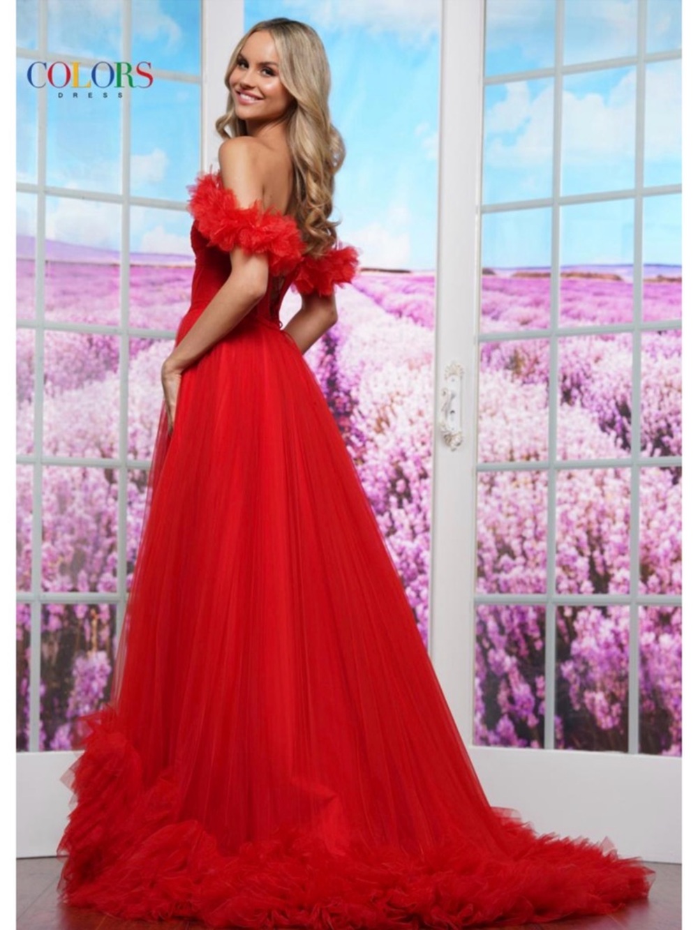 Colors Dress 3485 Red Tulle Floral Strap Prom Pageant Gown Size 6 NWT - Picture 2 of 8